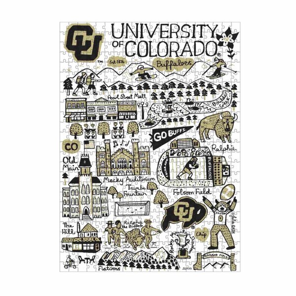 Illustrated 500-piece puzzle featuring hand-drawn CU Boulder campus landmarks and Colorado Buffaloes icons by Julia Gash.